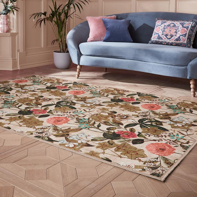 Washable Clarke & Clarke Passiflora Peaches & Cream Modern Floral Botanical Textured Lightweight Printed Recycled Polyester Flatweave Warm Beige/Peach/Coral/Sage/Mint Blue Rug