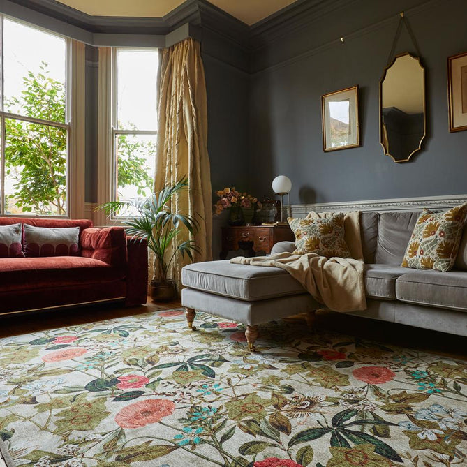 Washable Clarke & Clarke Passiflora Peaches & Cream Modern Floral Botanical Textured Lightweight Printed Recycled Polyester Flatweave Warm Beige/Peach/Coral/Sage/Mint Blue Rug