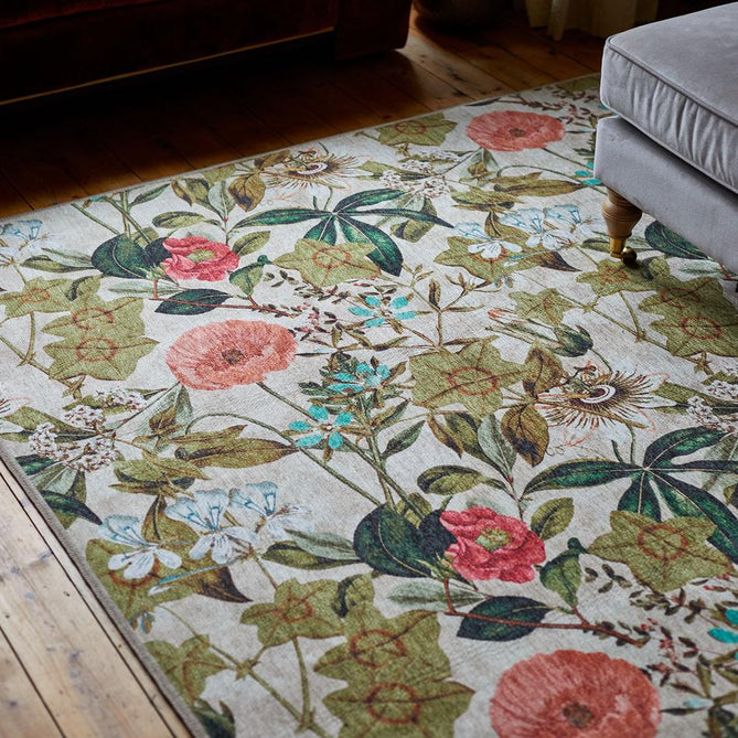 Washable Clarke & Clarke Passiflora Peaches & Cream Modern Floral Botanical Textured Lightweight Printed Recycled Polyester Flatweave Warm Beige/Peach/Coral/Sage/Mint Blue Rug