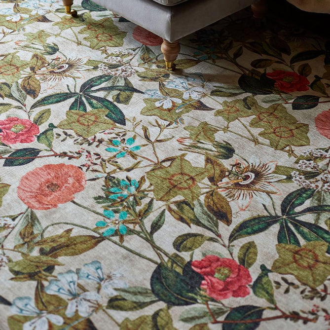 Washable Clarke & Clarke Passiflora Peaches & Cream Modern Floral Botanical Textured Lightweight Printed Recycled Polyester Flatweave Warm Beige/Peach/Coral/Sage/Mint Blue Rug
