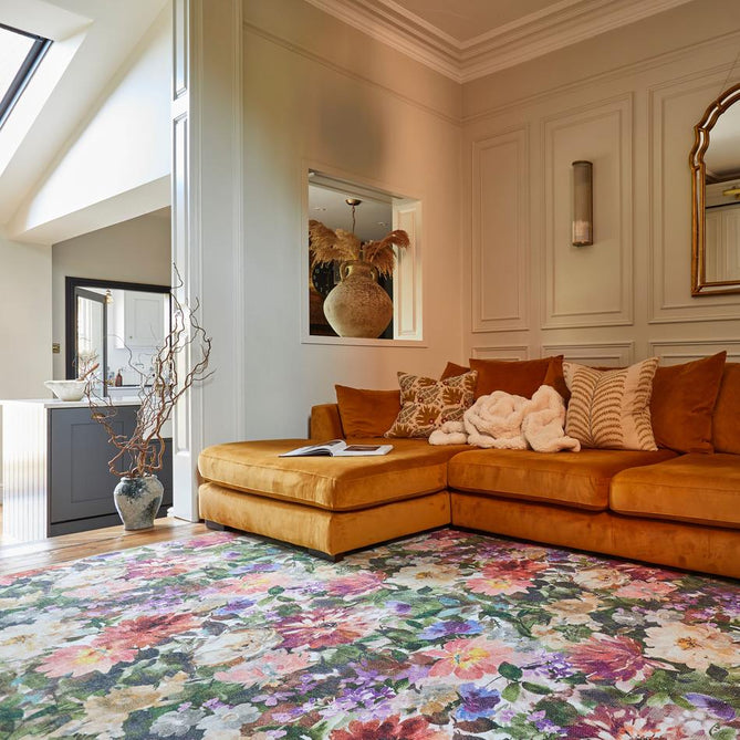 Washable Clarke & Clarke Tahiti Forest & Rouge Modern Floral Botanical Textured Lightweight Printed Recycled Polyester Flatweave Rouge Red/Coral/Blush Pink/Lilac/Forest Green/Multi Rug