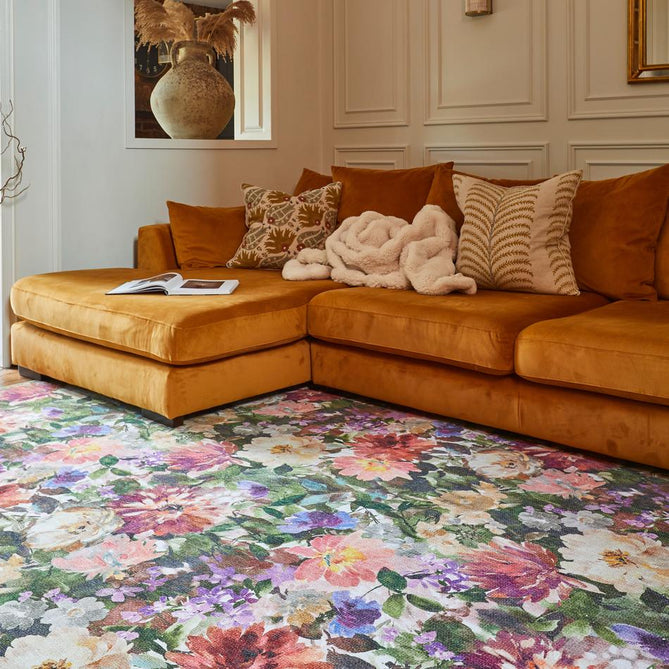 Washable Clarke & Clarke Tahiti Forest & Rouge Modern Floral Botanical Textured Lightweight Printed Recycled Polyester Flatweave Rouge Red/Coral/Blush Pink/Lilac/Forest Green/Multi Rug