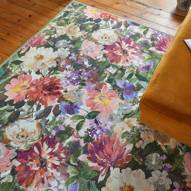 Washable Clarke & Clarke Tahiti Forest & Rouge Modern Floral Botanical Textured Lightweight Printed Recycled Polyester Flatweave Rouge Red/Coral/Blush Pink/Lilac/Forest Green/Multi Rug