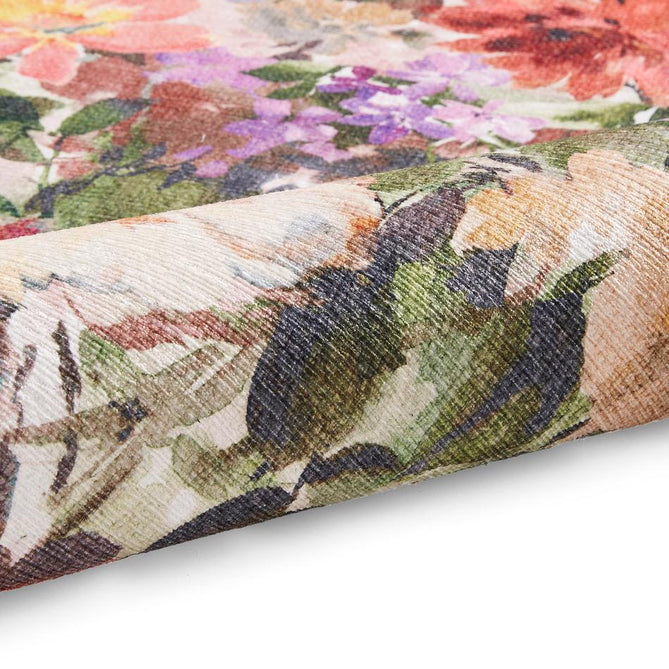 Washable Clarke & Clarke Tahiti Forest & Rouge Modern Floral Botanical Textured Lightweight Printed Recycled Polyester Flatweave Rouge Red/Coral/Blush Pink/Lilac/Forest Green/Multi Rug