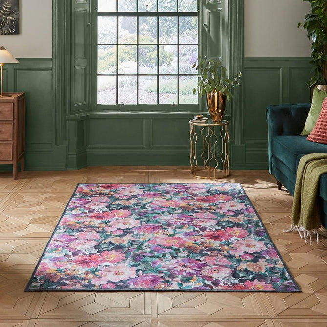 Washable Clarke & Clarke Tahiti Fuchsia Modern Floral Botanical Textured Lightweight Printed Recycled Polyester Flatweave Fuchsia Pink/Magenta/Orchid Purple/Multi Rug