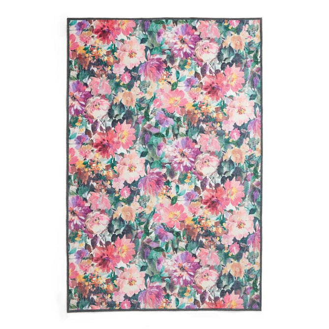Washable Clarke & Clarke Tahiti Fuchsia Modern Floral Botanical Textured Lightweight Printed Recycled Polyester Flatweave Fuchsia Pink/Magenta/Orchid Purple/Multi Rug