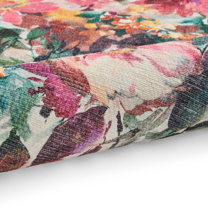 Washable Clarke & Clarke Tahiti Fuchsia Modern Floral Botanical Textured Lightweight Printed Recycled Polyester Flatweave Fuchsia Pink/Magenta/Orchid Purple/Multi Rug