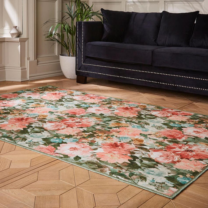 Washable Clarke & Clarke Tahiti Spring Modern Floral Botanical Textured Lightweight Printed Recycled Polyester Flatweave Blush Pink/Coral/Peach/Green/Multi Rug