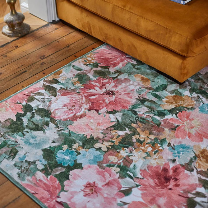 Washable Clarke & Clarke Tahiti Spring Modern Floral Botanical Textured Lightweight Printed Recycled Polyester Flatweave Blush Pink/Coral/Peach/Green/Multi Rug
