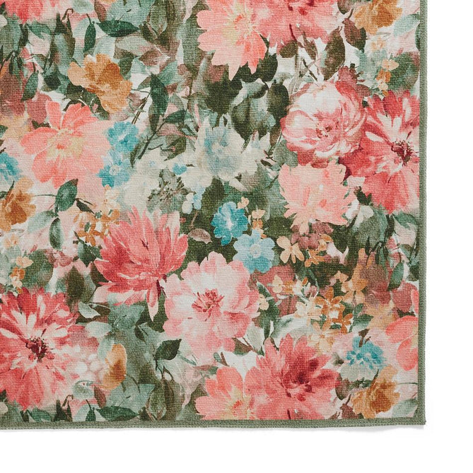 Washable Clarke & Clarke Tahiti Spring Modern Floral Botanical Textured Lightweight Printed Recycled Polyester Flatweave Blush Pink/Coral/Peach/Green/Multi Rug