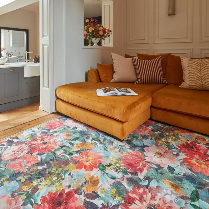 Washable Clarke & Clarke Tahiti Teal & Rouge Modern Floral Botanical Textured Lightweight Printed Recycled Polyester Flatweave Teal Blue/Rouge Red/Multi Runner