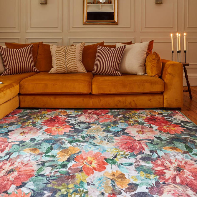 Washable Clarke & Clarke Tahiti Teal & Rouge Modern Floral Botanical Textured Lightweight Printed Recycled Polyester Flatweave Teal Blue/Rouge Red/Multi Rug