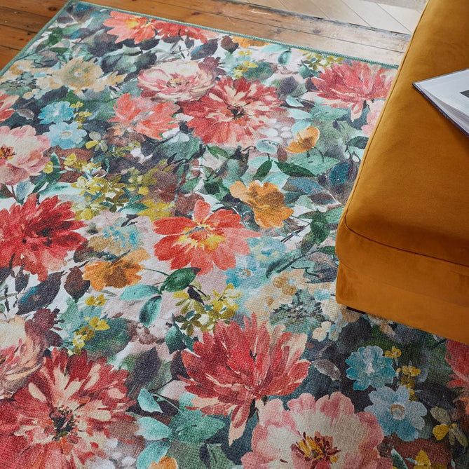 Washable Clarke & Clarke Tahiti Teal & Rouge Modern Floral Botanical Textured Lightweight Printed Recycled Polyester Flatweave Teal Blue/Rouge Red/Multi Runner