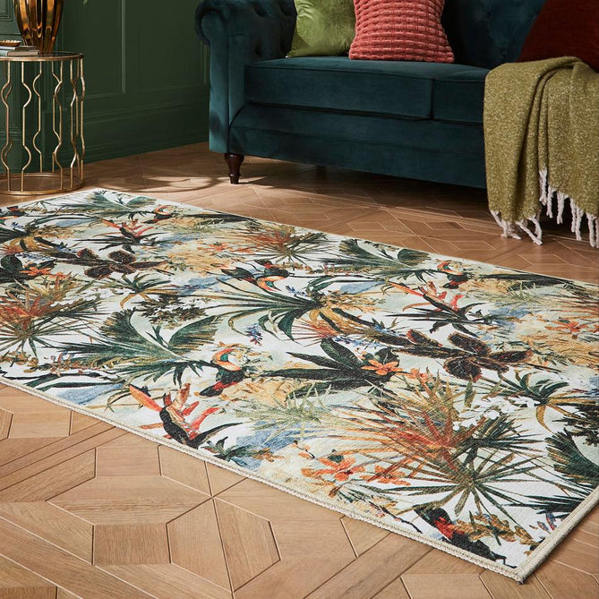 Washable Clarke & Clarke Toucan Antique Modern Floral Botanical Textured Lightweight Printed Recycled Polyester Flatweave Ivory/Olive Green/Rust Rug