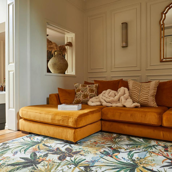 Washable Clarke & Clarke Toucan Antique Modern Floral Botanical Textured Lightweight Printed Recycled Polyester Flatweave Ivory/Olive Green/Rust Rug