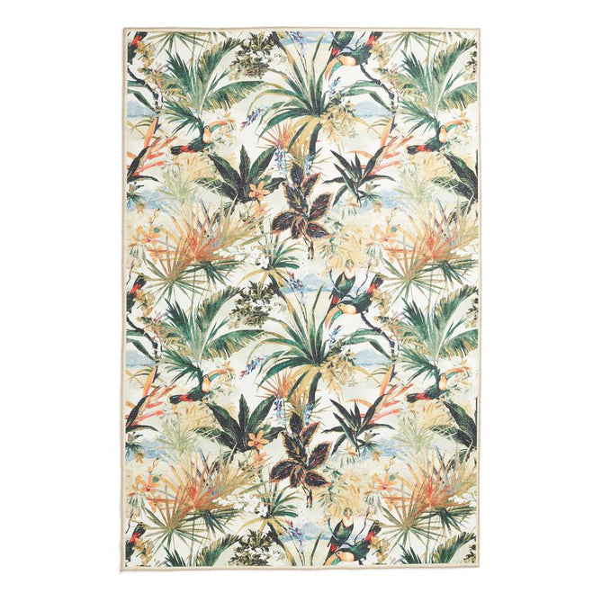 Washable Clarke & Clarke Toucan Antique Modern Floral Botanical Textured Lightweight Printed Recycled Polyester Flatweave Ivory/Olive Green/Rust Rug