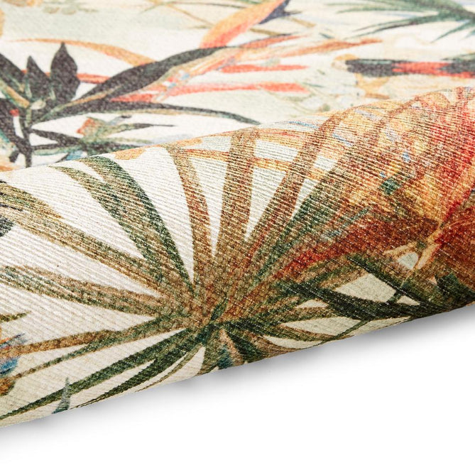 Washable Clarke & Clarke Toucan Antique Modern Floral Botanical Textured Lightweight Printed Recycled Polyester Flatweave Ivory/Olive Green/Rust Rug