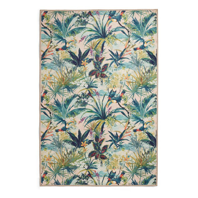 Washable Clarke & Clarke Toucan Blush Modern Floral Botanical Textured Lightweight Printed Recycled Polyester Flatweave Blush Pink/Leaf Green Rug