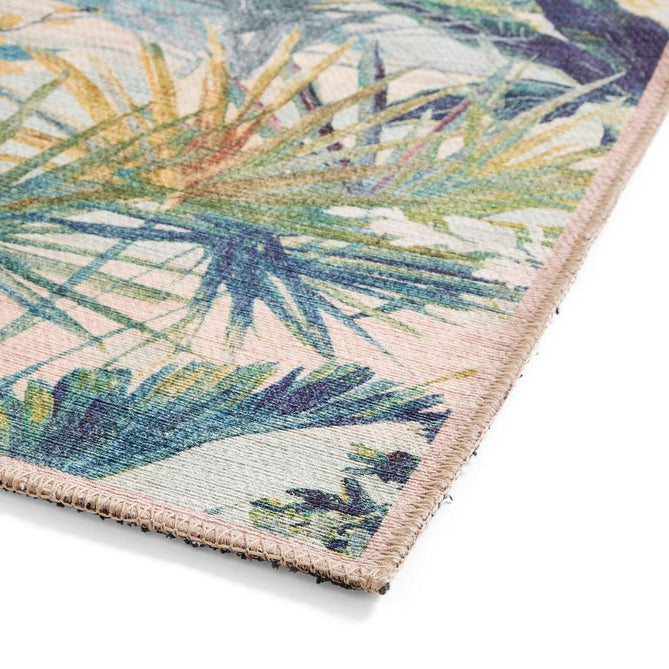 Washable Clarke & Clarke Toucan Blush Modern Floral Botanical Textured Lightweight Printed Recycled Polyester Flatweave Blush Pink/Leaf Green Rug