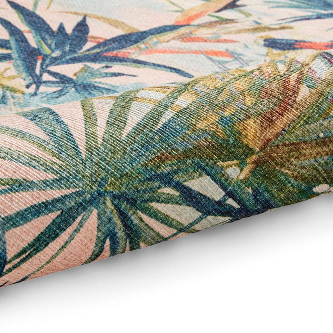 Washable Clarke & Clarke Toucan Blush Modern Floral Botanical Textured Lightweight Printed Recycled Polyester Flatweave Blush Pink/Leaf Green Rug