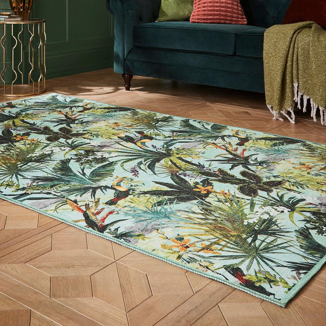 Washable Clarke & Clarke Toucan Sky Modern Floral Botanical Textured Lightweight Printed Recycled Polyester Flatweave Sky Blue/Leaf Green Rug