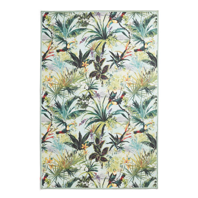 Washable Clarke & Clarke Toucan Sky Modern Floral Botanical Textured Lightweight Printed Recycled Polyester Flatweave Sky Blue/Leaf Green Rug
