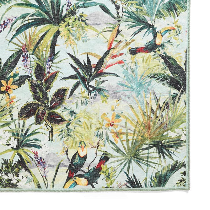 Washable Clarke & Clarke Toucan Sky Modern Floral Botanical Textured Lightweight Printed Recycled Polyester Flatweave Sky Blue/Leaf Green Rug