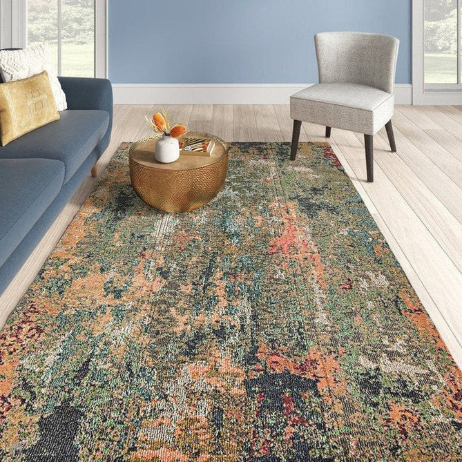 Colores Cloud CO01 Gardenia Modern Abstract Durable Easy-Care Low Profile Ribbed Short Pile Multicolour/Green/Orange Rug-Asiatic Carpets-Rug Love - The Most Loved Rug Store
