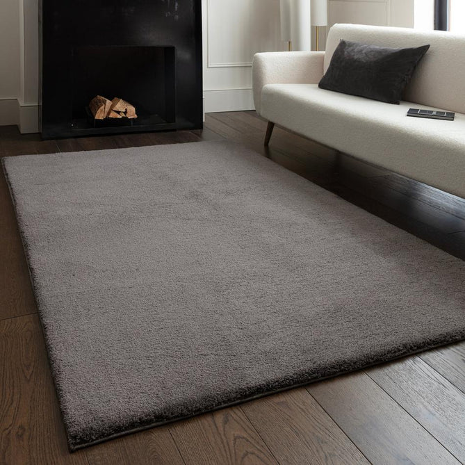 Como Plush Plain Super-Soft Silky Shimmer High-Density Mid-Height Fine-Yarn Textured Polyester Shaggy Charcoal Grey Rug