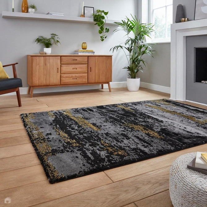 Craft 19788 Modern Abstract Distressed Marbled Metallic Shimmer Soft Textured Black/Grey/Gold Rug-Think Rugs-Rug Love - The Most Loved Rug Store