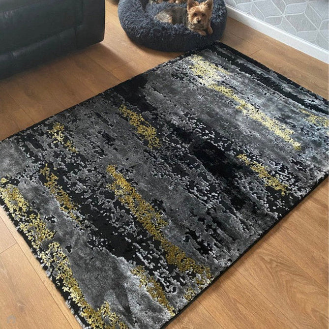 Craft 19788 Modern Abstract Distressed Marbled Metallic Shimmer Soft Textured Black/Grey/Gold Rug-Think Rugs-Rug Love - The Most Loved Rug Store