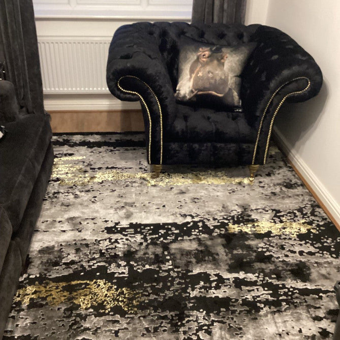 Craft 19788 Modern Abstract Distressed Marbled Metallic Shimmer Soft Textured Black/Grey/Gold Rug-Think Rugs-Rug Love - The Most Loved Rug Store