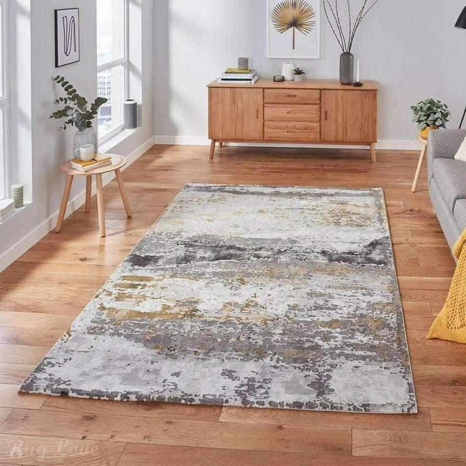 Craft 19788 Modern Abstract Distressed Marbled Metallic Shimmer Soft Textured Grey/Ochre Rug-Think Rugs-Rug Love - The Most Loved Rug Store