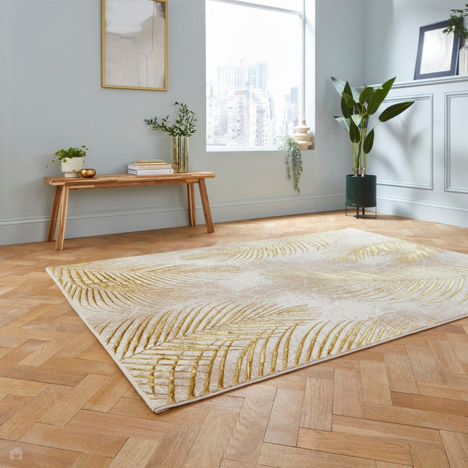 Creation 50051 Modern Botanical Ventation Distressed Metallic Shimmer Soft Textured Low Profile Short-Pile Beige/Gold Rug-Think Rugs-Rug Love - The Most Loved Rug Store