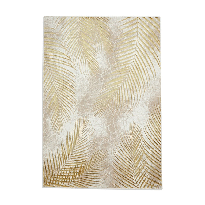 Creation 50051 Modern Botanical Ventation Distressed Metallic Shimmer Soft Textured Low Profile Short-Pile Beige/Gold Rug-Think Rugs-Rug Love - The Most Loved Rug Store