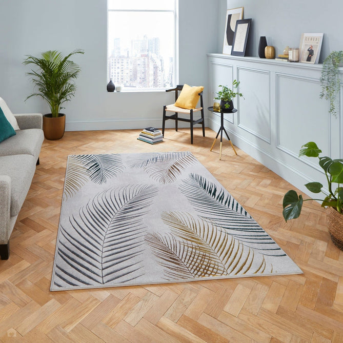 Creation 50051 Modern Botanical Ventation Metallic Shimmer Soft High-Density Textured Low Profile Short-Pile Grey/Multicolour Rug-Think Rugs-Rug Love - The Most Loved Rug Store