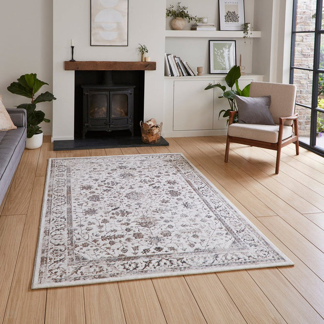 Creation 50112 Traditional Floral Medallion Border Metallic Shimmer Soft Textured Low Profile Short-Pile Beige/Ivory/Warm Taupe/Silver Rug-Think Rugs-Rug Love - The Most Loved Rug Store
