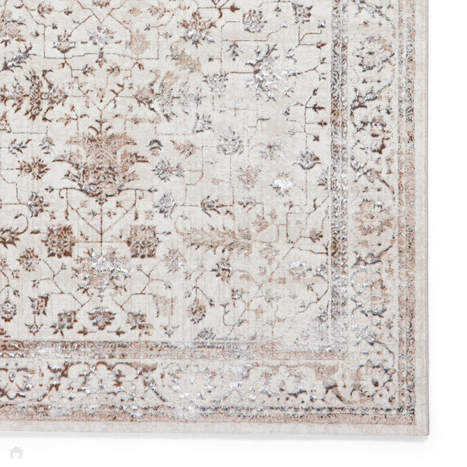 Creation 50112 Traditional Floral Medallion Border Metallic Shimmer Soft Textured Low Profile Short-Pile Beige/Ivory/Warm Taupe/Silver Rug-Think Rugs-Rug Love - The Most Loved Rug Store