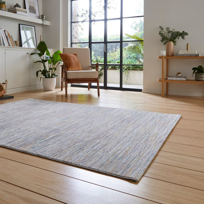 Creation 50164 Modern Linear Stripe Distressed Metallic Shimmer Soft Textured Low Profile Short-Pile Soft Pink/Muted Blue/Beige/Ivory Rug-Think Rugs-Rug Love - The Most Loved Rug Store