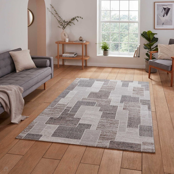 Creation 50178 Modern Abstract Block Distressed Metallic Shimmer Soft Textured Low Profile Short-Pile Warm Brown/Beige/Soft Taupe/Ivory Rug-Think Rugs-Rug Love - The Most Loved Rug Store