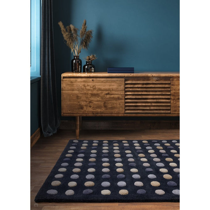 Dotty Modern Geometric Polka Dot Hand-Carved Hi-Low 3D Dome Textured Wool&Viscose Shimmer Navy Rug-Asiatic Carpets-Rug Love - The Most Loved Rug Store