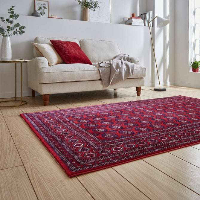 Dubai 62098 Traditional Bokhara Floral Motif Pattern Medallion Border Soft High Density Smooth Touch Polyester Deep Red/Navy/Black/White Runner-Think Rugs-Rug Love - The Most Loved Rug Store