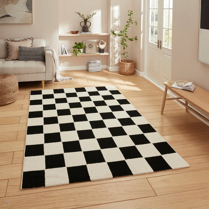 Elio 69924 Modern Geometric Checkerboard Carved Soft-Touch High-Density Hi-Low Variable Textured Pile Polypropylene/Polyester Mix Black/White Rug-Think Rugs-Rug Love - The Most Loved Rug Store