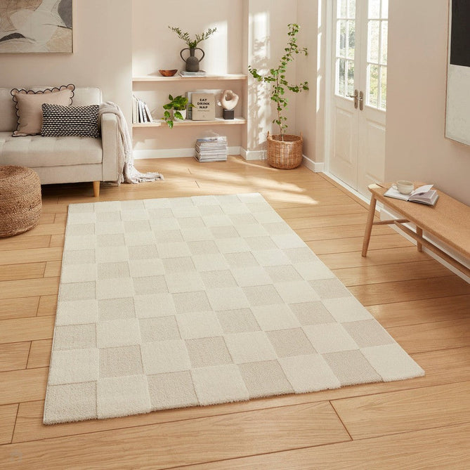 Elio 69924 Modern Geometric Checkerboard Carved Soft-Touch High-Density Hi-Low Variable Textured Pile Polypropylene/Polyester Mix Cream Rug-Think Rugs-Rug Love - The Most Loved Rug Store