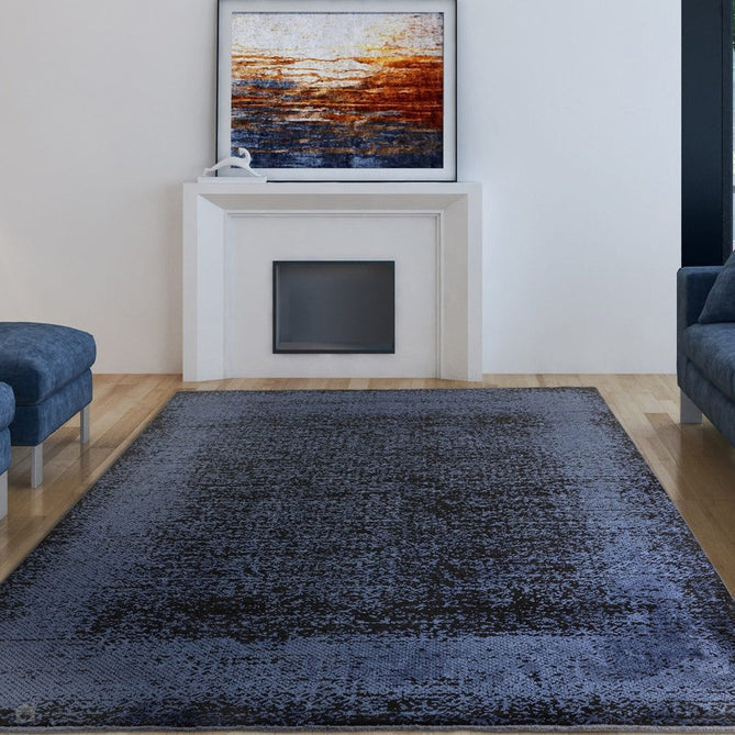Elodie Modern Abstract Metallic Shimmer Bordered Overdyed Textured Soft-Touch Flatweave Indigo Blue/Black Rug-Asiatic Carpets-Rug Love - The Most Loved Rug Store