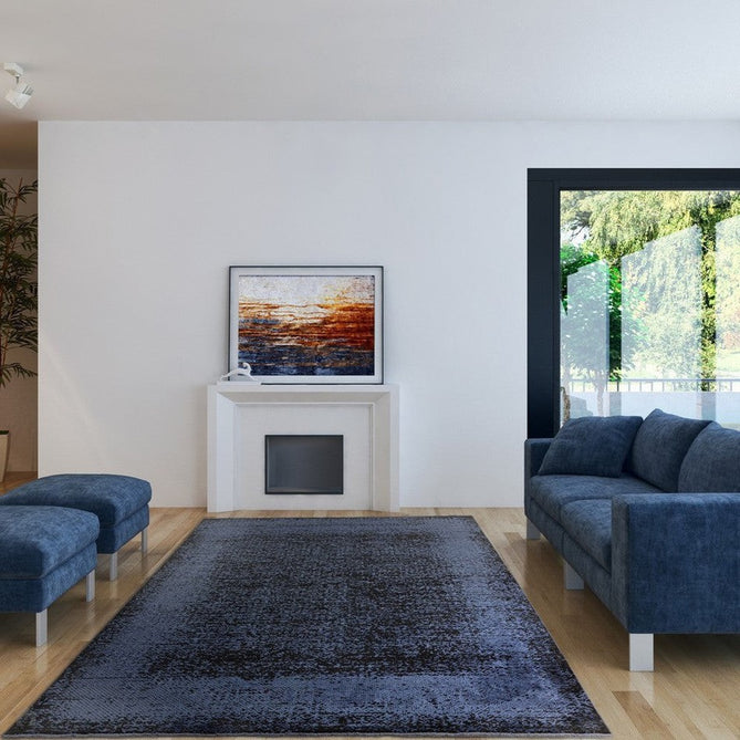 Elodie Modern Abstract Metallic Shimmer Bordered Overdyed Textured Soft-Touch Flatweave Indigo Blue/Black Rug-Asiatic Carpets-Rug Love - The Most Loved Rug Store