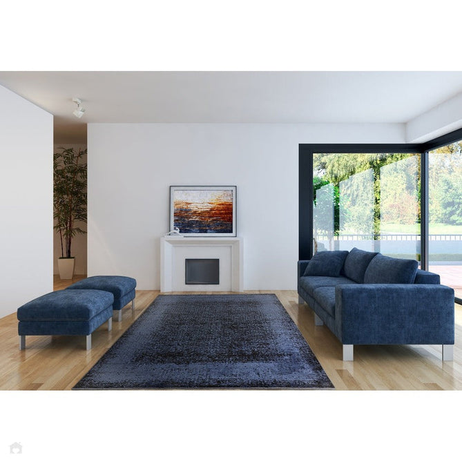 Elodie Modern Abstract Metallic Shimmer Bordered Overdyed Textured Soft-Touch Flatweave Indigo Blue/Black Rug-Asiatic Carpets-Rug Love - The Most Loved Rug Store