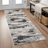 Elysium Mist ELY04 Modern Abstract Distressed Metallic Shimmer Soft Textured Velvet Touch Polyblend Low Profile Short Pile Steel Grey/Charcoal Grey/Pewter/Ash Grey/Ivory/Silver Sheen Runner