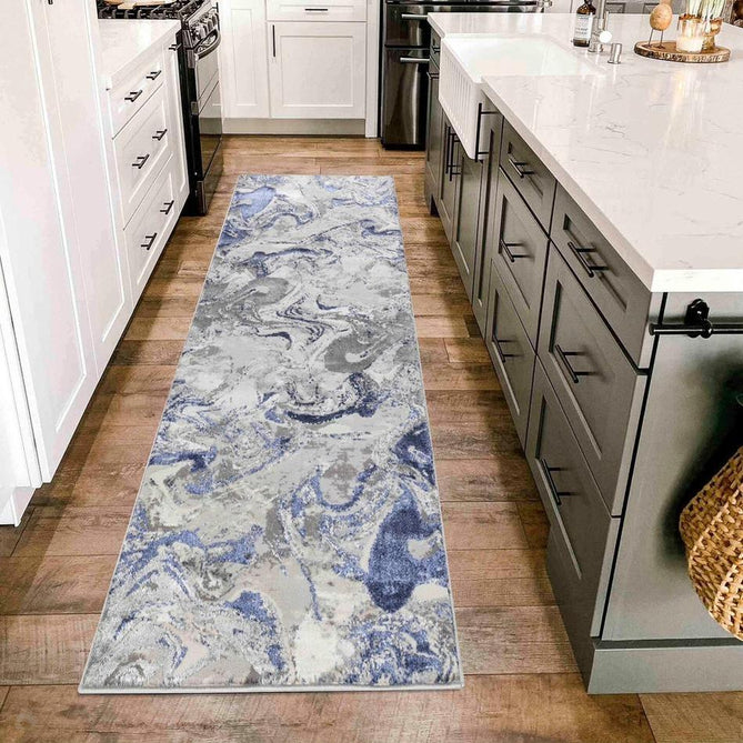 Emperor 315 Solarius EMP15 Modern Abstract Distressed Metallic Shimmer Soft Textured Hi-Lo Polyblend Short Pile Navy Runner