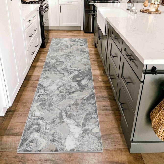 Emperor 315 Solarius EMP15 Modern Abstract Distressed Metallic Shimmer Soft Textured Hi-Lo Polyblend Short Pile Silver Runner